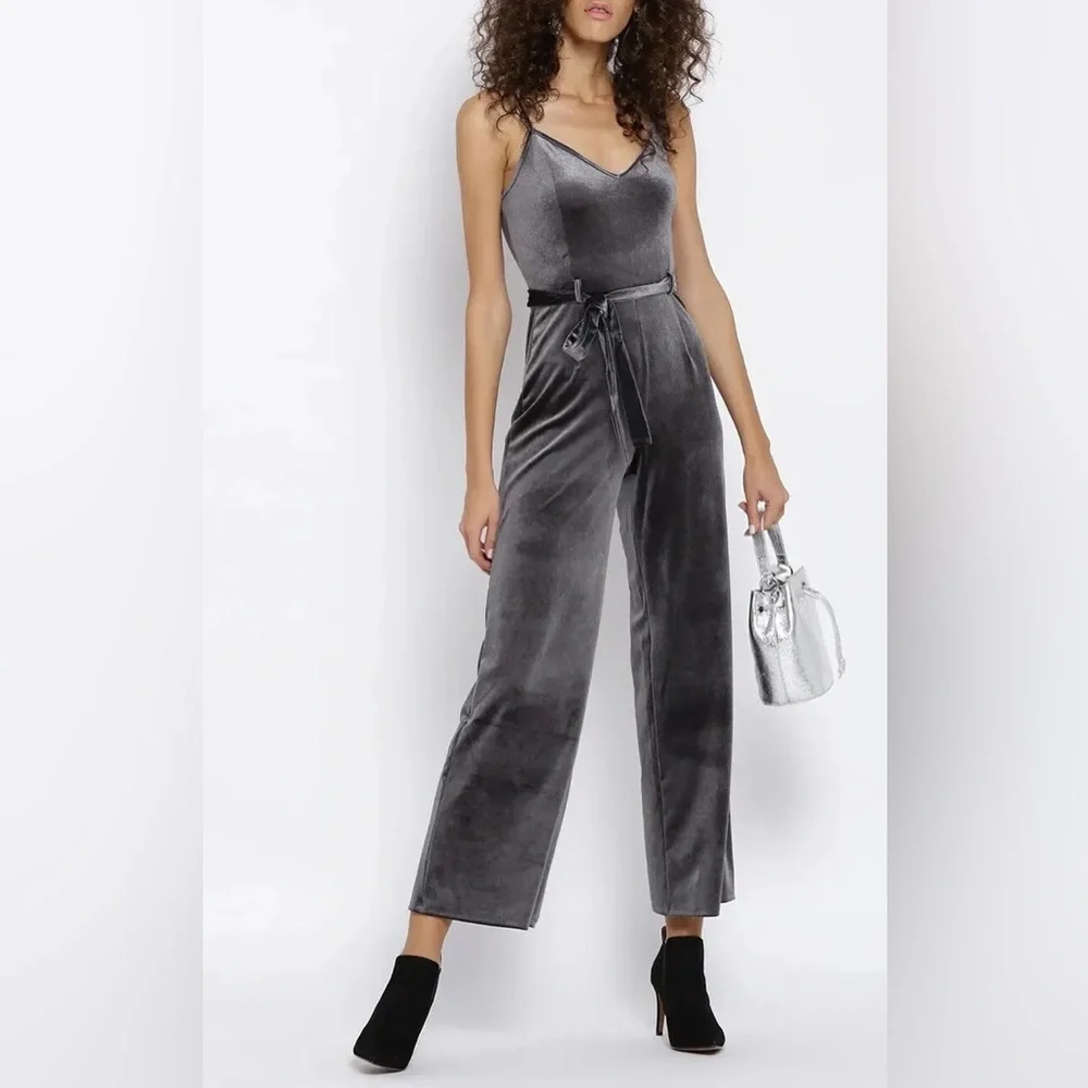 Forever 21 Dark Grey Silver Velvet Wide Leg Jumpsuit - Picture 3 of 10